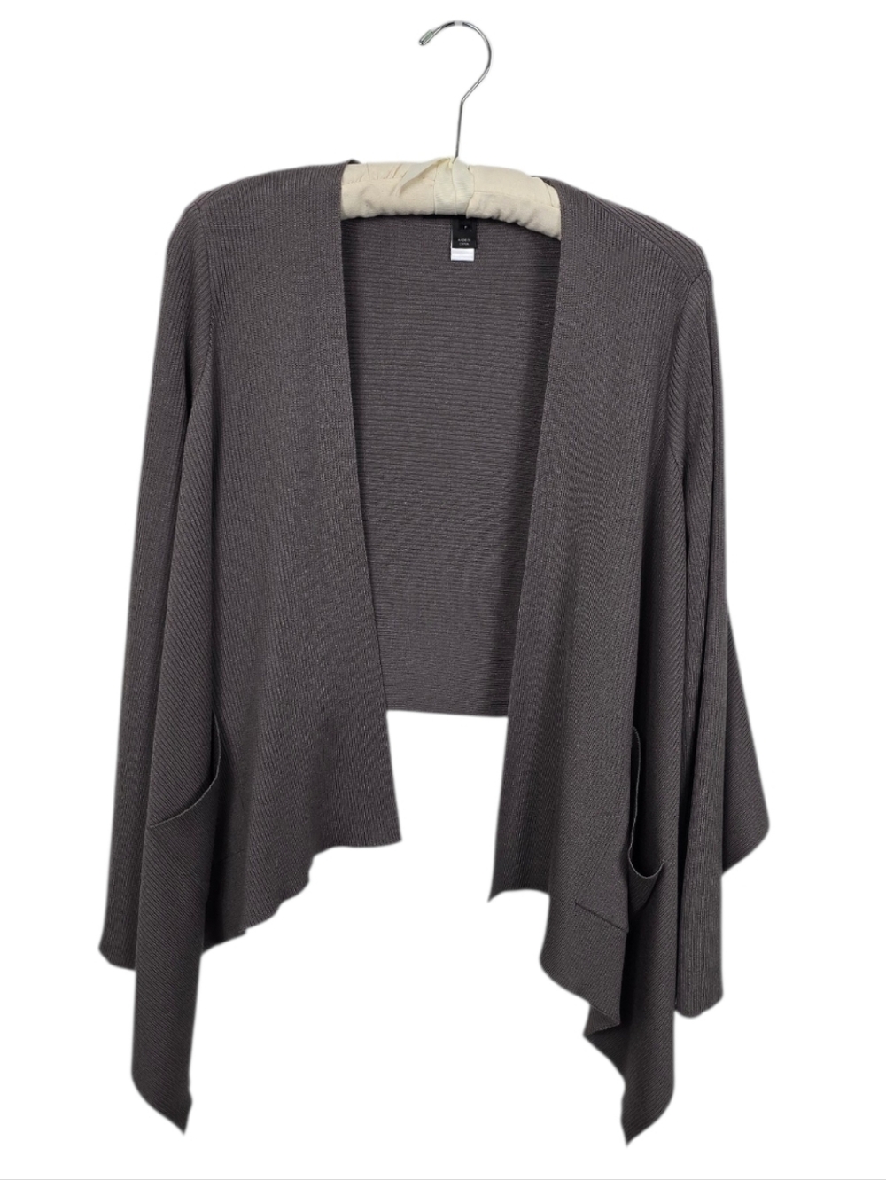 St. John Knits Ribbed Wool Blend Drape Front Waterfall Cardigan Gray Petite XS